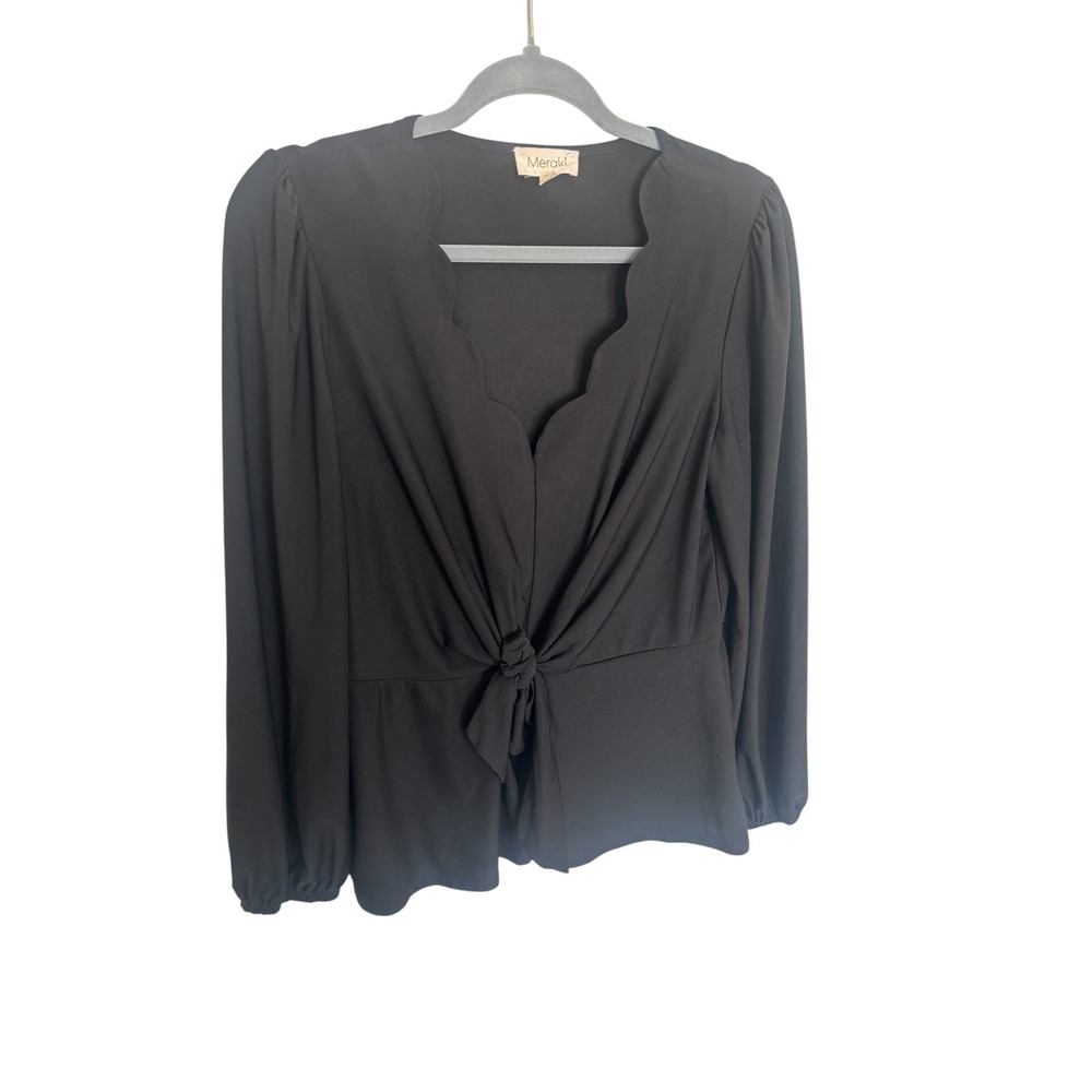 Meraki Black Scalloped V-Neck Tie‎ Front Peplum Blouse Long Sleeve Small